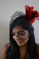 Siren Red Top Hat with Feathers and Polka Dot Veil